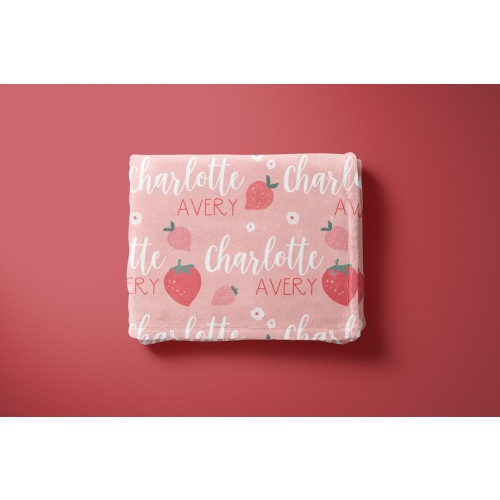 Pink Strawberry Name Blanket, Personalized Strawberry Blanket, Name Blanket for Girl, Cute Kids Nursery Decor, Gift For Baby Girl, Fruit