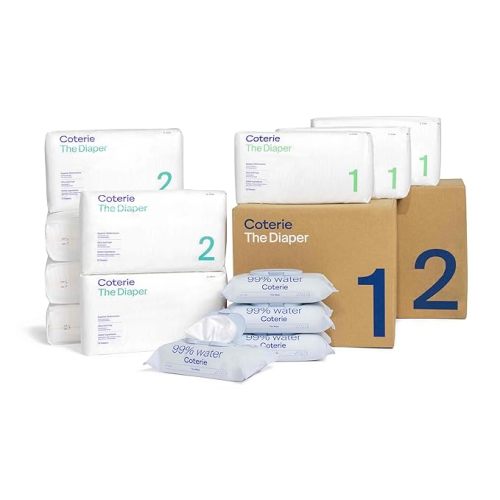 Coterie Baby Diapers + Wipes Baby Kit, Size 1 (99 Count) Size 2 (186 Count) 4 Wipe Packs (224 Wipes) Made with Plant-Based Fibers, Hypoallergenic, Designed for Sensitive Skin, Clean Ingredients - Size 1 + Size 2 + Wipes (4 Packs)
