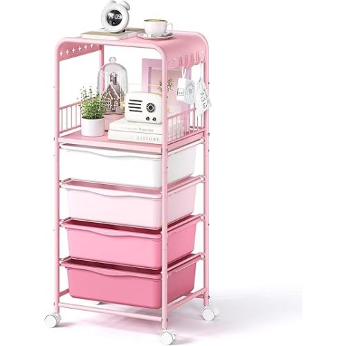 Utility Cart with 4 Drawers and Hooks,Rolling Storage Cart with Opening Shelf,Rolling Cart Art Craft Organizer for Home, Office, Classroom, Pink