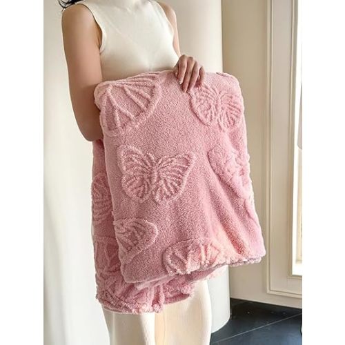 ITFRO Animal Pink Butterfly Flannel Fleece Throw Blanket Soft Cozy Lightweight Fluffy Blanket All Seasons for Couch Bed Sofa Camping Travel 50x60 Inches (Pink, Throw)