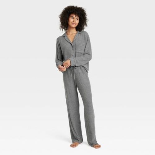 Women's Cozy Ribbed Long Sleeve Notch Collar Shirt And Pants Pajama Set - Auden™ Green M