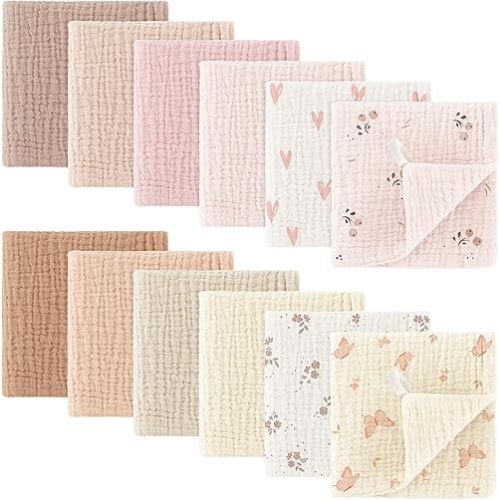 Bearmoss Muslin Baby Washcloths 100% Cotton Baby Bath Wash Cloth Ultra-Absorbent Burp Cloth Soft Baby Face Towel for Newborn Baby Boy and Girl, 10x10inch 12Pack (Pink & Brown)