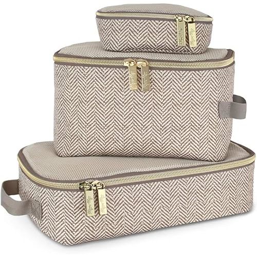 Itzy Ritzy Packing Cubes for Travel – Set of 3 Packing Cubes or Travel Organizers; Each Cube Features a Mesh Top, Double Zippers and a Fabric Handle (Taupe)