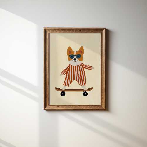 Skateboarding Corgi Print | Dog Kids Wall Art | Modern Nursery Digital Download Decor