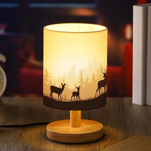Bedside Table Lamp Table Lamp Vintage Nightstand with Linen Fabric Shade Solid Wood Base Decoration for Kids Living Room Bedroom Desk Dorm(Watercolor Forest Deer,Green)