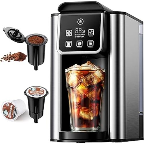 Hot & Iced Coffee Maker with Bold Setting, Single Serve Coffee Maker for K Cup and Grounds, 6-14 oz Brew Sizes, 50 oz Removable Water Tank, One Cup Coffee Machine with Reusable Filter, Black