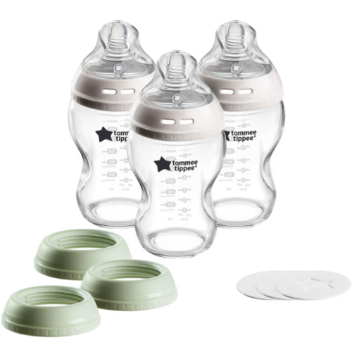 Tommee Tippee Natural Start Glass Baby Bottle, Cup or Jar Set, 9oz, 3-in-1 Set for Babies with Slow Flow Breast-Like Nipple for a Natural Latch and Leak-Proof Travel Food Jar Lids