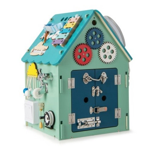 Costway Wooden Busy House Montessori Toy with Sensory Games & Interior Storage Space Blue/Pink, Color: Blue
