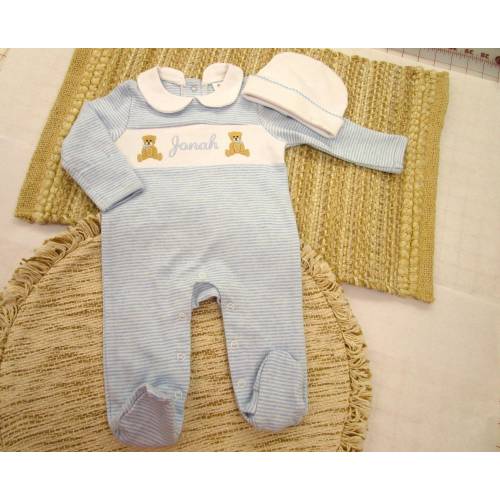 Baby Boy Coming Home outfit-Monogrammed footie romper-Teddy Bear-personalized baby gift