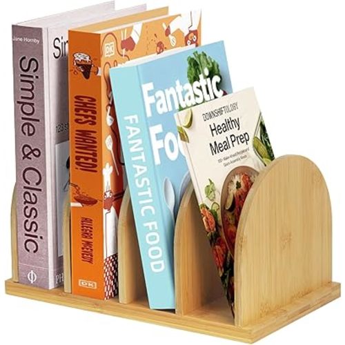 Deefielly Bamboo Cook Book Organizer, Desktop Bookshelf, Convenient Book Stand, 4-Slot Recipe Holder, Table Cookbook Storage for Home & Kitchen