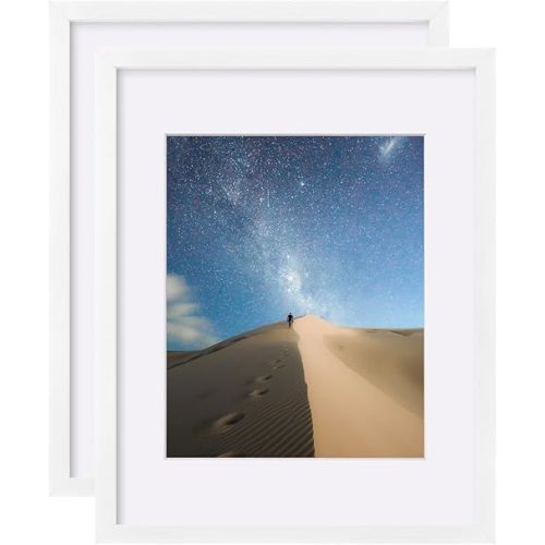 KINLINK 11x14 Picture Frames White, Photo Frames with Plexiglass for Picture 8x10 with Mat or 11x14 without Mat, Composite Wood Picture Frames for Table Top and Wall Mounting, Set of 2