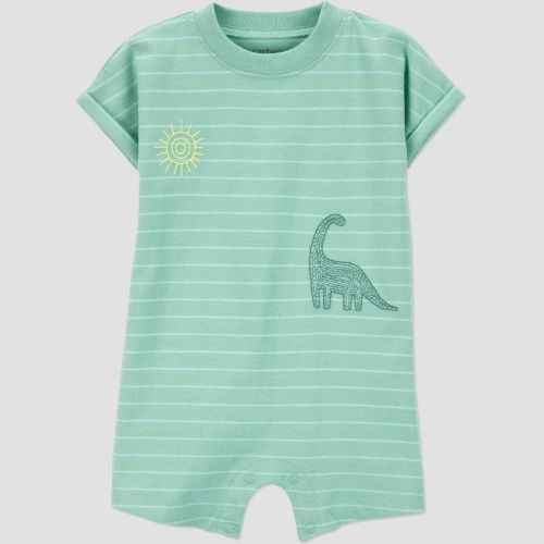 Carter's Just One You® Baby Boys' Striped Scenic Dino Romper - Green 18M: Cotton Jersey, Crew Neck, Short Sleeve, Crotch Snap