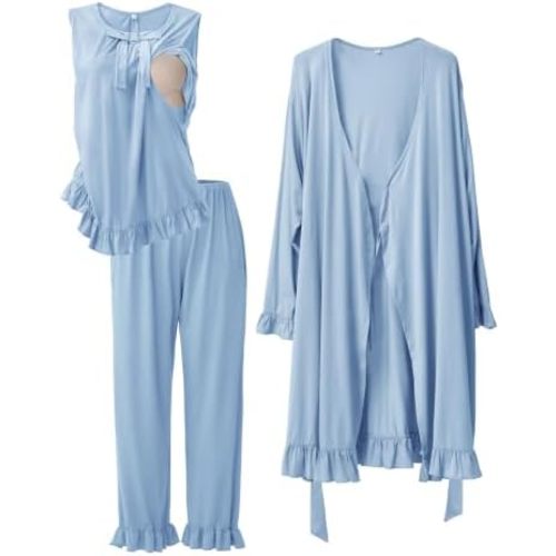 SUNNYBUY Maternity Nursing Pajamas Robe Set 3PCS Ruffle Bowknot Postpartum Breastfeeding PJs for Hospital Labor Delivery