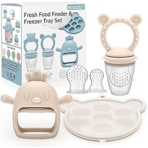 3 Pack Silicone Teething Mitten for Babies with Baby Fruit Food Feeder & Freezer Tray Set, BPA Free Infant Teething Relief Toy for 3 Month+, Additional Silicone Sacs (Smile Beige)