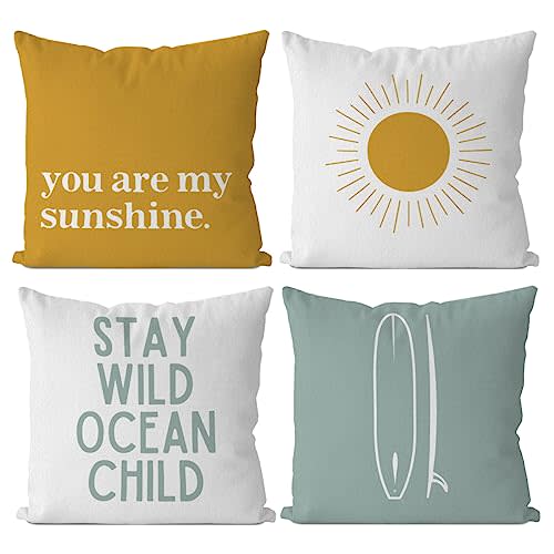 IWXYI Boho Surf Positive Stay Wild Ocean Child Throw Pillow Cover 18x18 Inch Set of 4,Coastal Boy Sunshine Cushion Pillow Cover Nursery Decoration,Beach Surf Decorative Pillowcase for Nursery Decor