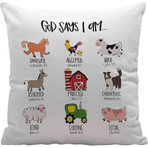 Christian Bible Scripture God Says I am Farm Animal Crew Throw Pillow Cover Decor for Home Farmhouse Kids Room Decor,Farm Gifts for Kids Girls Boys,Christian Gifts for Women Teen Girls,18x18 Inches