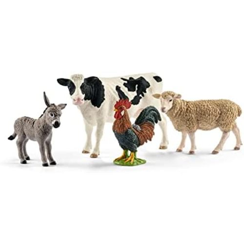 Schleich Farm World, Farm Playset Gifts for Kids, Farm World Starter Playset for Toddlers and Kids with Cow, Rooster, Sheep, and Donkey 4-Piece Set