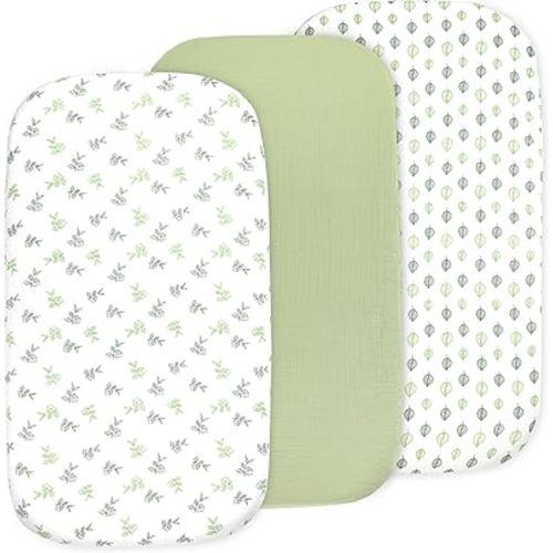 3 Pack Organic Muslin Bedside Bassinet Sheets Compatible with Mika Micky, Baby Delight, Dream On Me, AMKE and Other Bassinet Pads Size Between 17-21 in Width, 29-33 in Length, and 1.5-4 in Thick