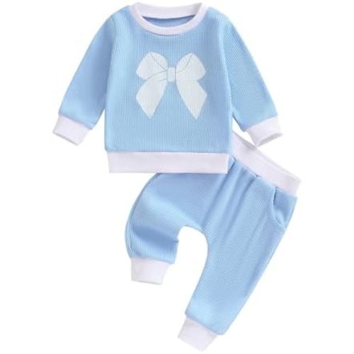 Rtnnsbbfcm Toddler Baby Girl Fall Clothes Long Sleeve Bow Print Sweatshirt Top Pants 2Pcs Waffle Knit Outfit