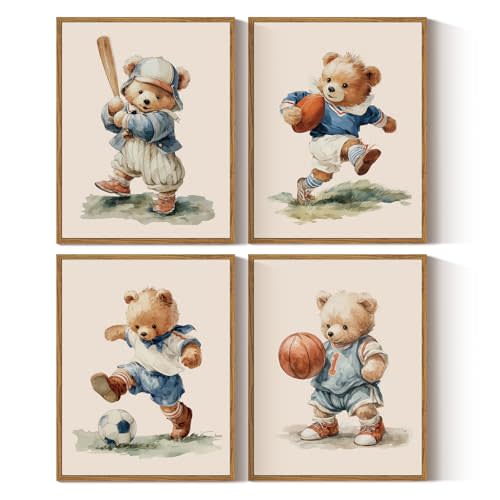 InSimSea 4 pcs Framed Canvas Art, Cute Sports Bears Watercolor Art Prints, Funny Playful Wall Pictures Decor for Kids Room Bedroom Playroom Nursery,11x14in,set of 4, Neutral Maximalist Decor