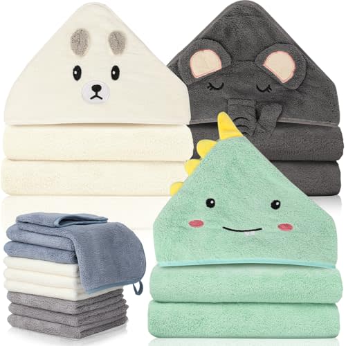Sublaga 31x31 Inch Baby Hooded Towels, 12Pcs Bath Towels for Boys, Washcloth Set with Cute Design, Shower Towel Gift for Newborns, Infants and Toddlers