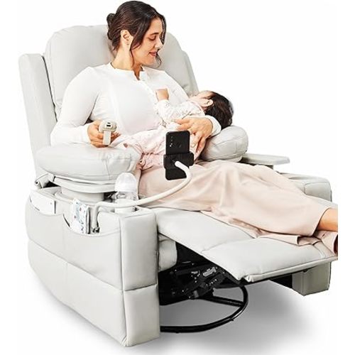Rocking Chair Nursery with Adjustable Armrests, Electric Glider Recliner Nursing Chair for Breastfeeding, Power Swivel Recliner Chairs with USB Port and Storage, FSC Certified (Vanilla)