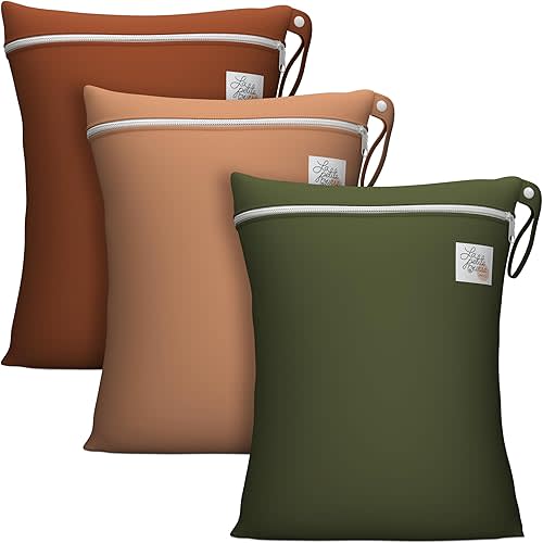 LA PETITE OURSE Wet Dry Bags – Waterproof Wet Bags for Cloth Diapers, Nappies – Canadian Brand – Zippered Cloth Diaper Bag with Hanging Strip for Swimwear, Beach, Pool, Daycare – 3-Pack (Terre)