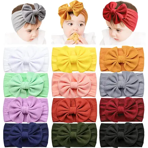 Prohouse Baby Headbands with Big Waffle Bows Nylon Hairbands Handmade Hair Accessories for Baby Girls Newborn Infant Toddlers Kids, Pack of 12
