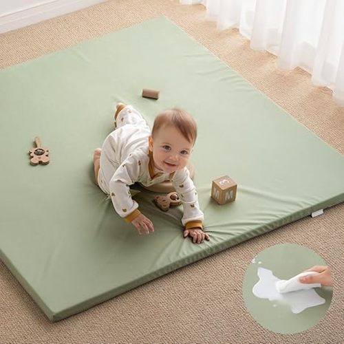 Blissful Diary Vegan Leather Baby Play Mat, 50x50 Thicken Foam Cushioned & Waterproof Playpen Mat for Infants and Toddlers, Stylish and Just Wipe-Clean Playmat for Baby Play on Floor, Light Green
