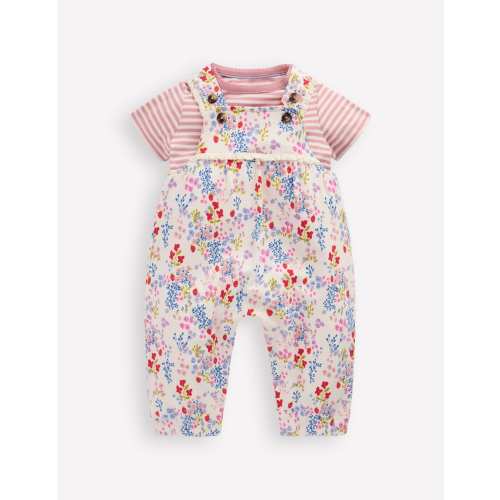 Short Sleeve Jersey Overalls-Ivory Ditsy Meadow