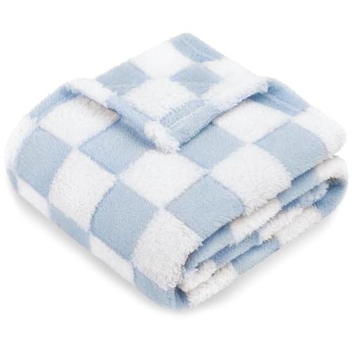 HOMRITAR Checkered Baby Blanket for Boys Girls Warm Cozy Reversible Checkerboard Toddlers Blanket, Fluffy Fuzzy Plush Lightweight Bed Blanket with Chessboard Grid Design 350GSM Baby Blue 30 x 40 Inch