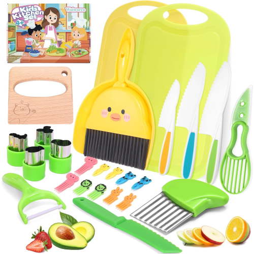 Toddler Knife Set 26PCS Kids Knifes for Real Cooking, Montessori Kids Kitchen Knife Set with Cutting Board Crinkle Cutters Kid Safe Knives, Toddlers Kitchen Tools for Christmas Birthday Gifts