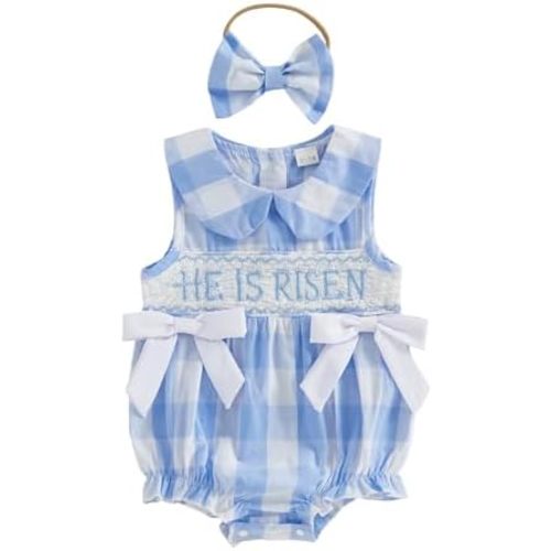 Amazon.com: BULINGNA Baby Girl Easter Outfit He is Risen Smocked Romper Sleeveless Plaid Onesie with Headband Summer One Piece Clothes (Blue, 6-12 Months): Clothing, Shoes & Jewelry