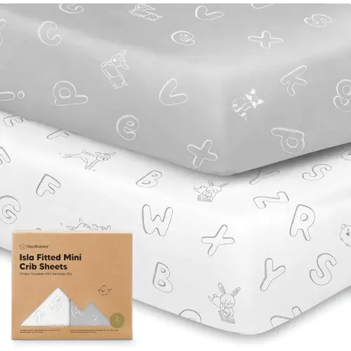Pack and Play Sheets Fitted - 2-Pack Mini Crib Sheets for Pack N Play Mattress 38x26, Soft & Cozy, Neutral Toddler Playard Bedding, Snug Fitted Mini Baby Crib Mattress Cover Boy, Girl (ABC Land)