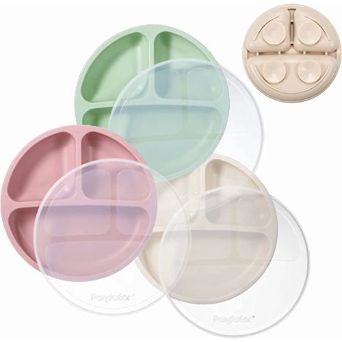 PandaEar Silicone Suction Plates for Babies & Toddlers, 3 Pack Divided Unbreakable Plates with Lid - Non-Slip - Dishwasher and Microwave Safe (Pink Green Light Tan) - Pink Green Red
