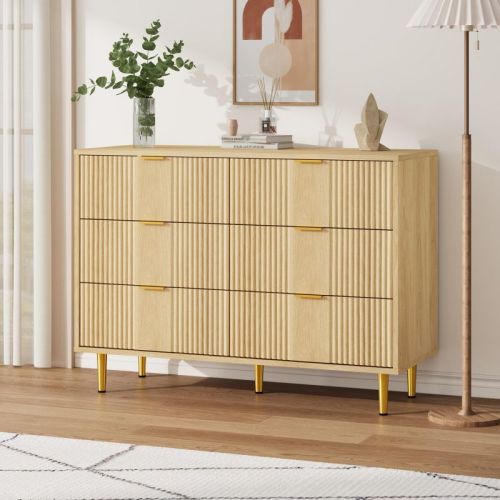 Modern Fluted 6-Drawer Dresser, 39.4" Tall Wooden Chest with Metal Handles, Bedroom Closet Storage Organizer for Living Room & Hallway