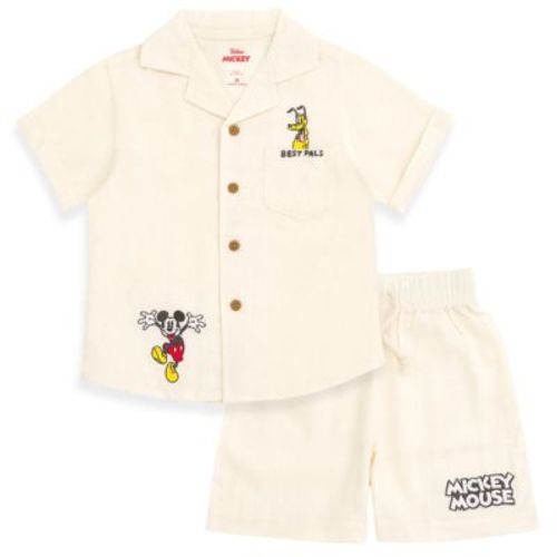 Disney Mickey Mouse Pluto Infant Baby Boys Linen Matching Family Button Down Shirt And Shorts Outfit Set Beige 12 Months