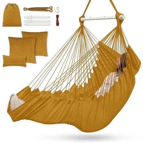 Outerman Hammock Chair, Hanging Chair with 3 Cushions and Foot Rest Support, Durable Metal Spreader Bar Max 500Lbs, Swing Chair for Bedroom, Indoor & Outdoor, Patio, Porch or Tree(Khaki)