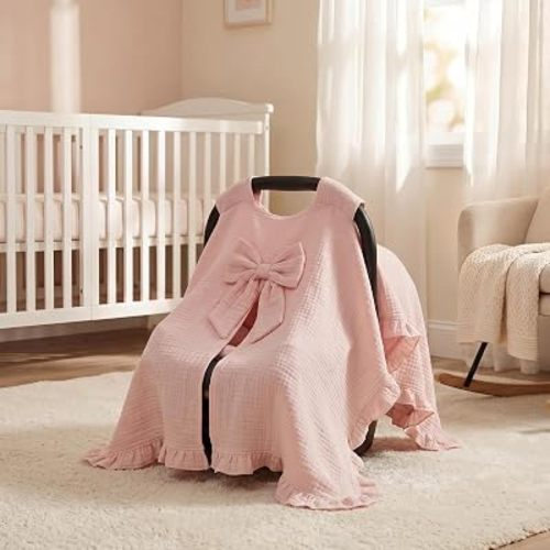 Tegeme Pink Baby Car Seat Cover Canopy Cover with Bow for Girls