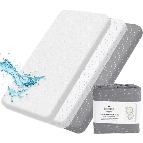 Crib Sheets Lilly Belly Pack of 2 Fitted Crib Sheets & 1 Waterproof Mattress Protector - 100% GOTS Organic Cotton - Baby Crib Sheets for Boys and Girls, fits All Shapes up to (52Lx 28Wx 6H) Inch.