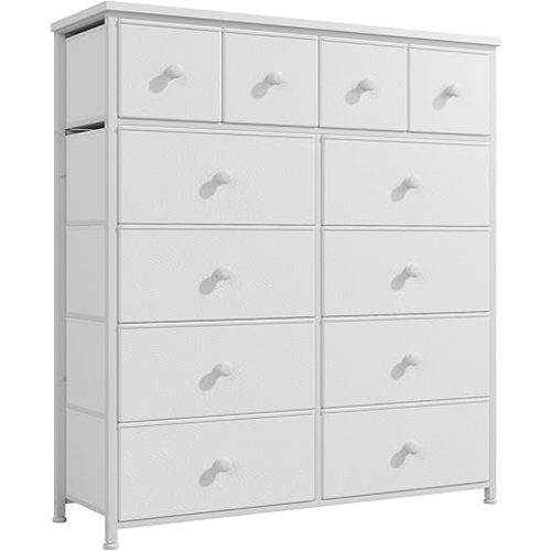 Dresser for Bedroom with 12 Drawers Tall Dressers for Bedroom Fabric Dressers & Chest of Drawers with Sturdy Metal Frame, Wood Top, for Girls, Closet, 40.6" W x 11.8" D x 44.5" H (White)
