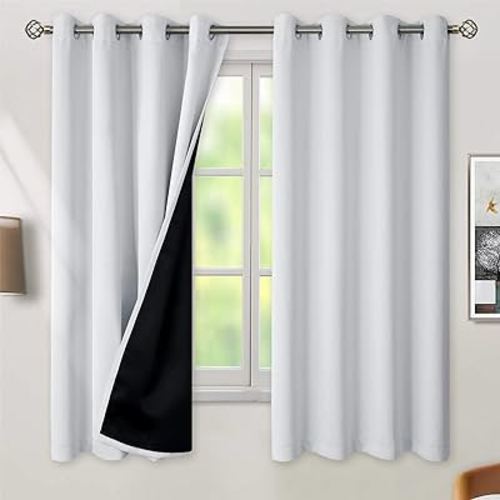BGment Thermal Insulated 100% Blackout Curtains for Bedroom with Black Liner, Double Layer Full Room Darkening Noise Reducing Grommet Curtain (52 x 63 Inch, Greyish White, 2 Panels)
