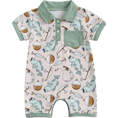 Sasaerucure Newborn Infant Baby Boy Fishing Outfit First Birthday Clothes Summer Short Sleeve Romper Jumpsuit
