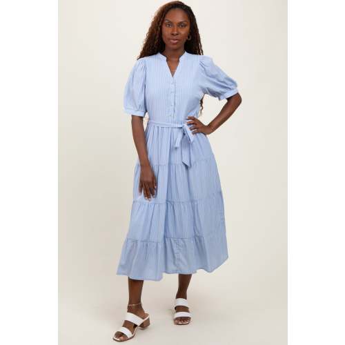 Light Blue Striped Button Up Tiered Maxi Dress– PinkBlush