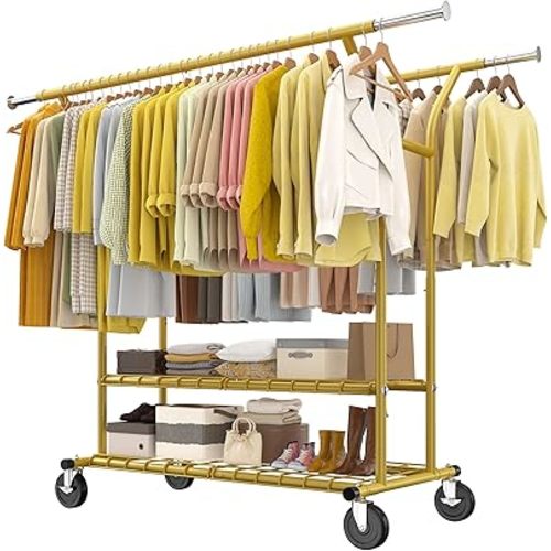 Raybee 74" W Clothes Rack Load 630 LBS, Clothing Racks for Hanging Clothes, Adjustable Heavy Duty Clothes Rack, Double Rods Metal Garment Rack for Bedroom Wardorbe Closet Living Room