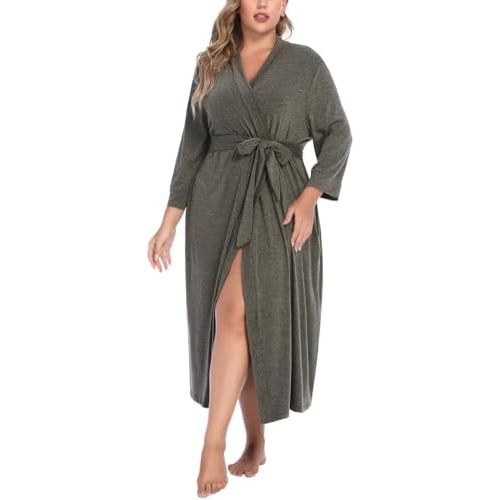 IN'VOLAND Womens Plus Size Kimono Robes Long Knit Bathrobe V Neck Ladies Loungewear Lightweight Soft Sleepwear 1X-5X