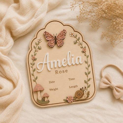 Fairy Garden Personalized Newborn Announcement Sign, Butterfly Birth Stat Plaque, Wooden Baby Girl Name Sign, Cottagecore Nursery Keepsake