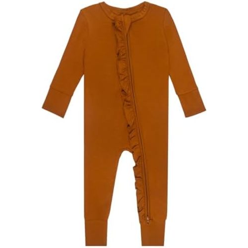 GUISBY Rayon Baby Long Sleeve Footless Rompers, 2 Way Zipper with Ruffle Sleepers 0-24 Months