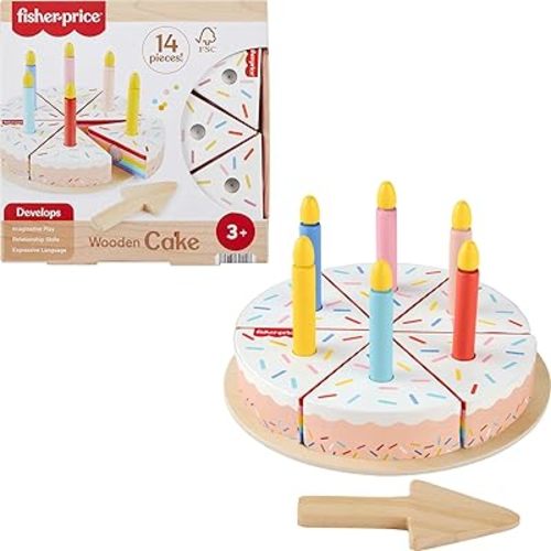 Fisher-Price Wood Pretend Play Toy Cake Set, 14-Piece Wooden Food Decorating & Serving Play for Preschool Kids Ages 3+ Years
