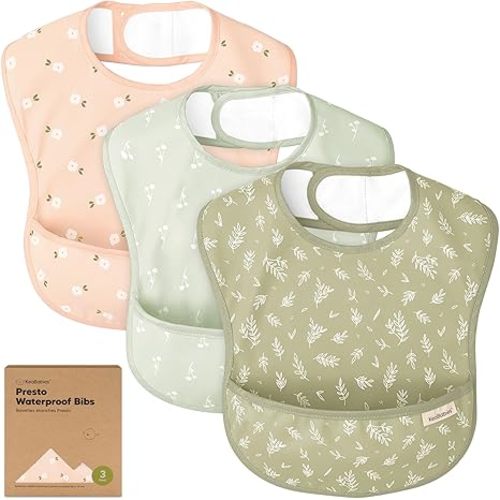 3-Pack Waterproof Baby Bibs for Eating - Lightweight Toddler Feeding Bibs with Large Food Catcher, Mess Proof, Food-Grade Baby Eating Essentials, Easy to Put On & Clean (Bloom)